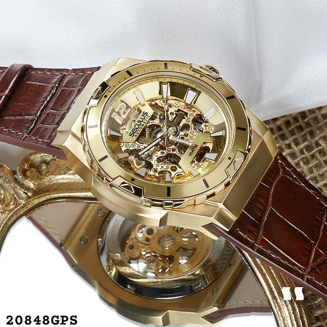 RELÓGIO SECULUS AUTOMÁTICO MASCULINO DOURADO COM PULSEIRA DE COURO 20848GPSVDC2