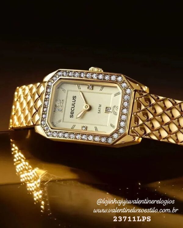 Relógio Feminino Quadrado Cristais Dourado